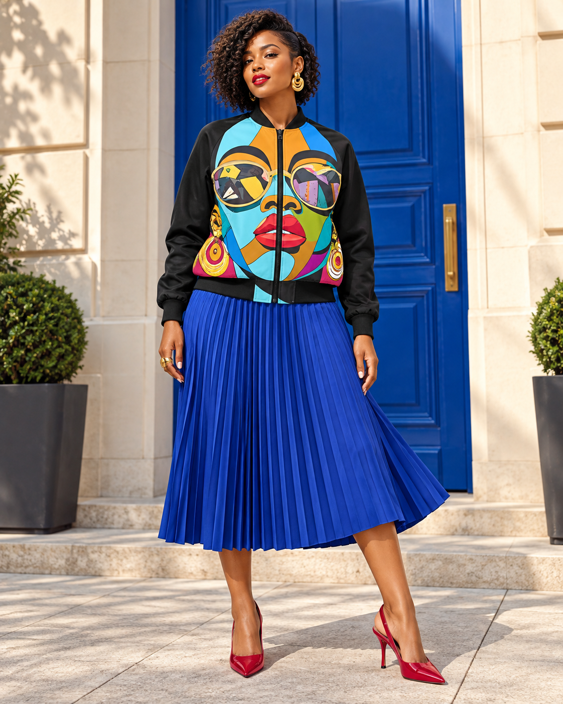 Bomber jacket with bold Black art print