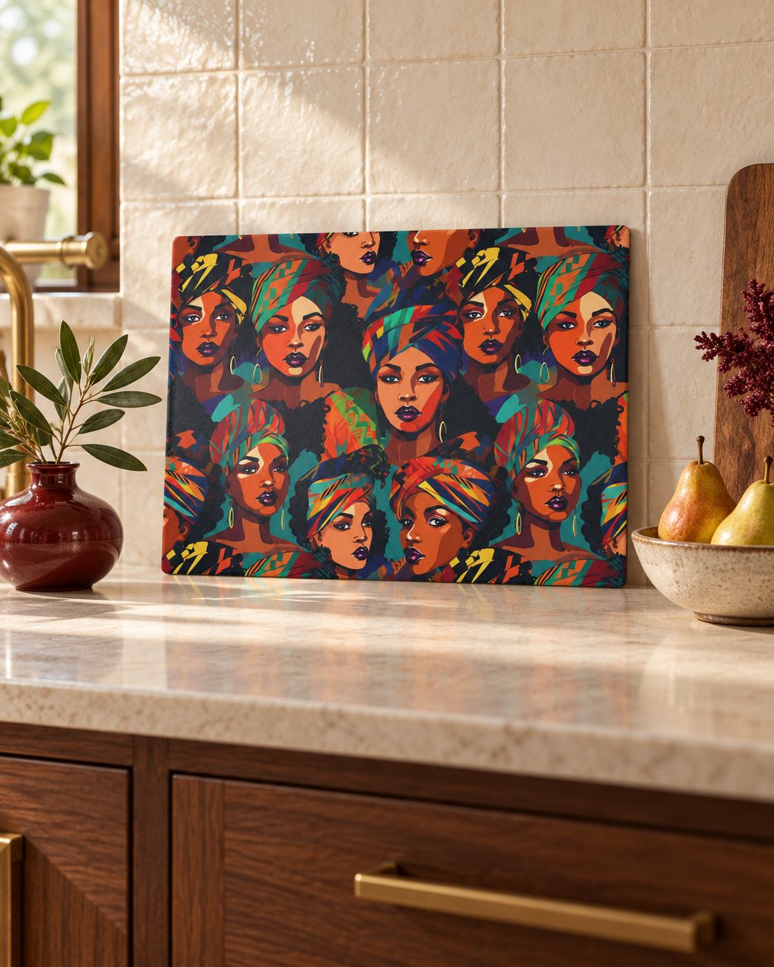 Glass cutting board with Black art print