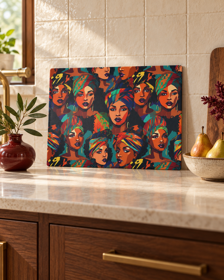 Glass cutting board with Black art print